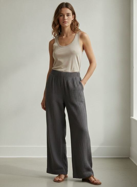 Faherty Pants - Faherty Organic Cotton Gauze Wide-Leg Pull-On Pants — Charcoal — S